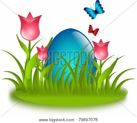 Blue Egg In Grass With Tulips