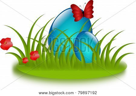 Blue Easter Eggs In Grass