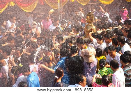 Splashing Water Of Bathing Buddha In Songkran Festival,thailand.