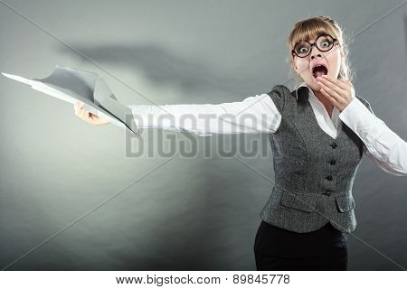 Fly Fear. Woman Holding Airplane In Hand.