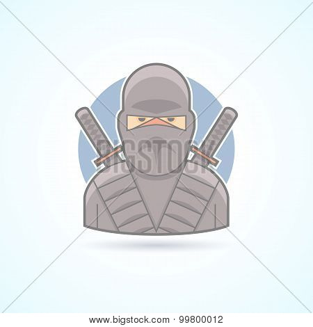 Ninja, shadow warrior, swordsman icon. Avatar and person illustration. Flat colored outlined style.
