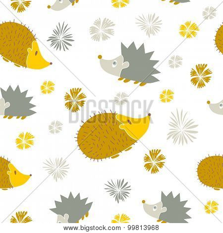Vector Seamless Pattern with Cute  Cartoon Hedgehogs. Autumn background.