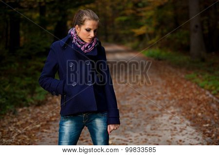 Blog Style Pretty Young Woman On A Walk In Forest On Late Autumn Day In Fashoinable Dress