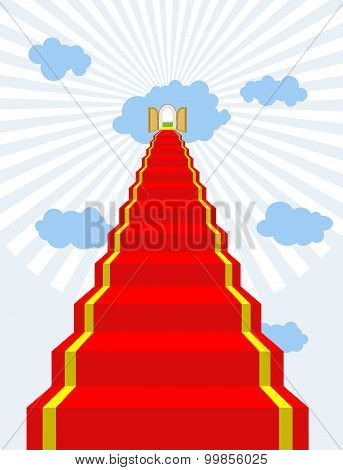 Stairway To Paradise. Red Carpet Into Sky. Gates Of Paradise. Doors In  Clouds. Vector Illustration