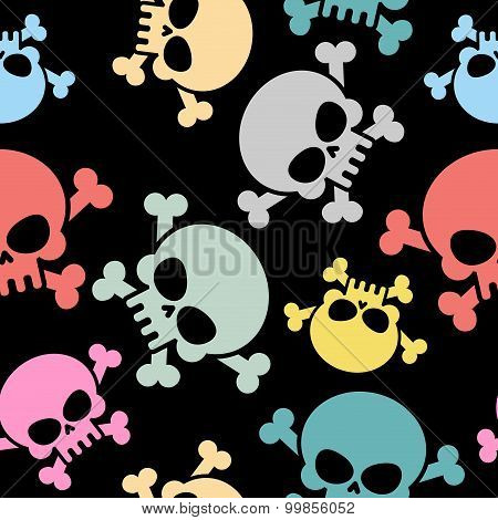 Skull With Bones Seamless Pattern. Colored Skull Skeleton. Halloween Vector Background