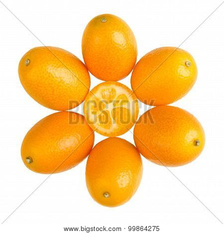 Oval Kumquats Forming A Sun Symbol On White Background