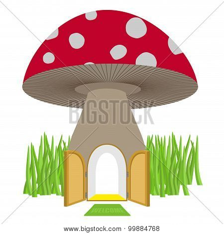 Mushroom With Door Open. Amanita House For A Dwarf, Hobbit. Vector Illustration.