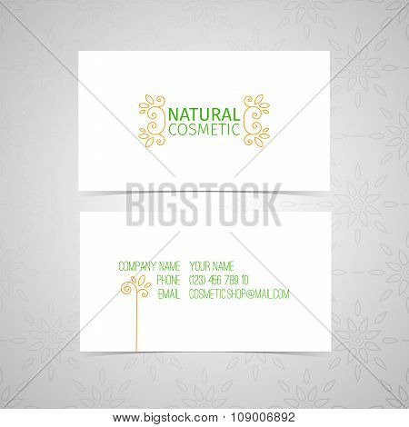 emplate design of natural cosmetics business card. Linear decor with floral patterns and swirls bord