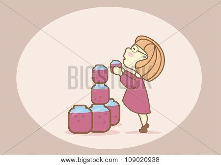 Lovely girl in a short dress trying to get a jar of jam