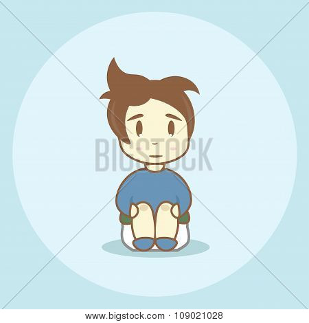 Disheveled boy sits on a chamber-pot