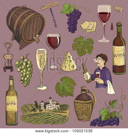 Hand drawn vector set - wine and winemaking