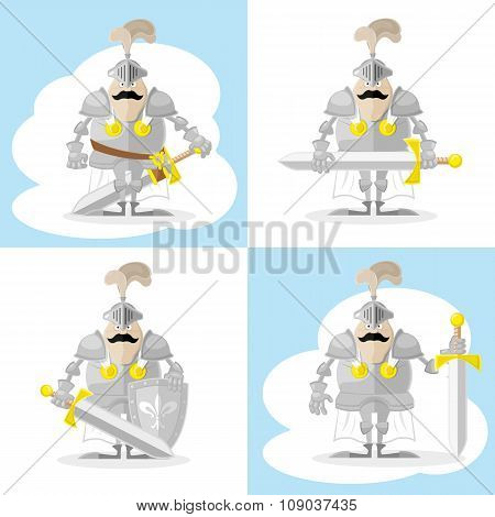 A Set Of Vector Shapes Funny Medieval Knight In White Cloak Isolated On White Background
