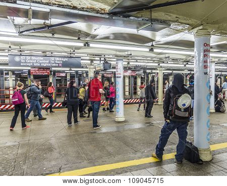 People Wait At Subway Station Times Square In New York