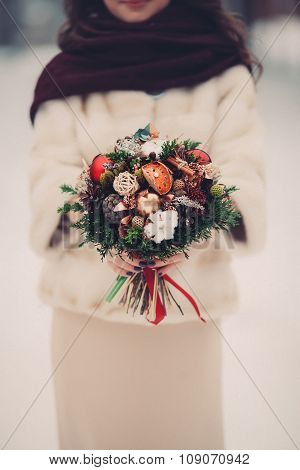 Bridal bouquet flowers closeup, winter