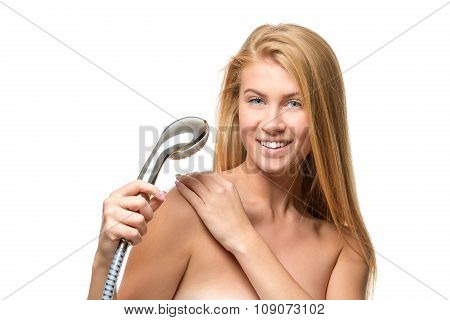 Young attractive blond woman and blue eyes in a towel