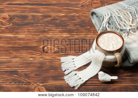 Mug Of Hot Chocolate Or Coffee With Marshmallows. Natural Wool S
