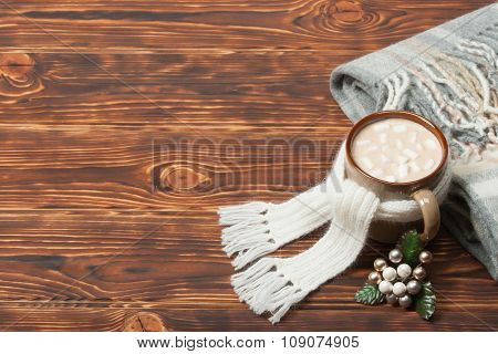 Mug Of Hot Chocolate Or Coffee With Marshmallows. Natural Wool S
