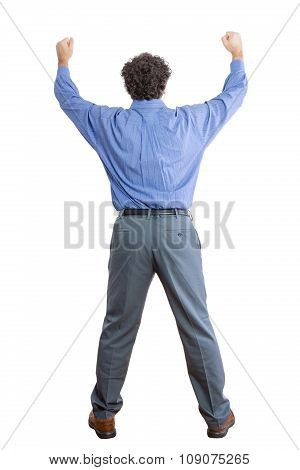 Rear View Of A Businessman Raising His Fists