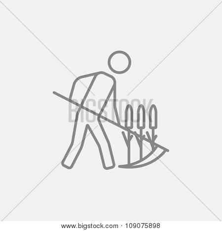 Man mowing grass with a scythe line icon for web, mobile and infographics. Vector dark grey icon isolated on light grey background.