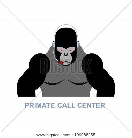 Primate Call Center. Monkey And Headset. Gorilla Responds To Phone Calls. Customer Service From Back