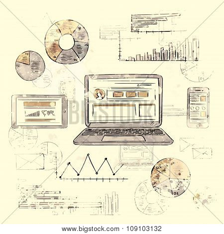 Sketch Laptop Smart Phone Tablet Finance Chart Old Retro Diagram Grunge Paper Background Vintage Gra