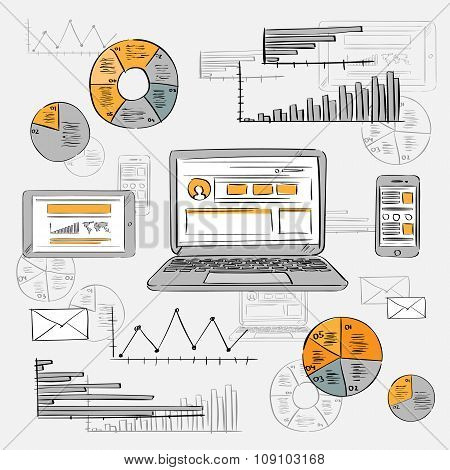 Sketch Laptop Smart Phone Tablet Finance Chart Old Retro Diagram Grunge Paper Background Vintage Gra