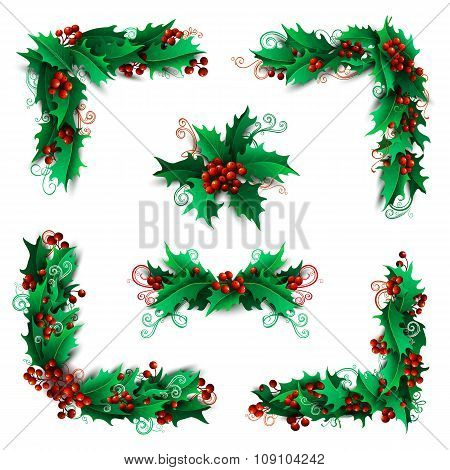 Set Of Christmas Holly Berries Design Elements.