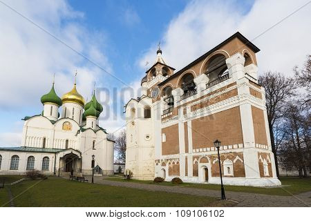 Suzdal, Russia -06.11.2015. Transfiguration Cathedral and belfry at  St. Euthymius monastery in Suzd