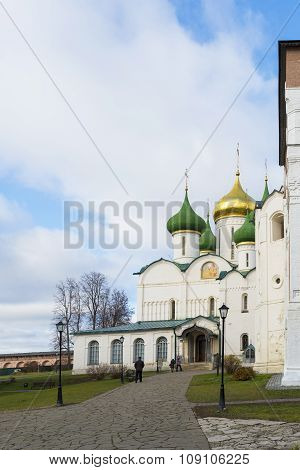 Suzdal, Russia -06.11.2015. Transfiguration Cathedral and belfry at  St. Euthymius monastery in Suzd
