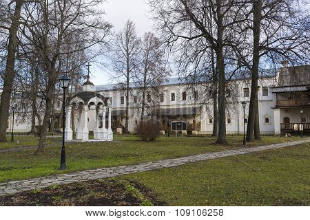 Suzdal, Russia -06.11.2015. Ciborium and the monks' cellsat  St. Euthymius monastery in Suzdal. Gold