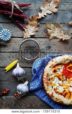 Vegetable ragout , vegetable casserole with tomato, food close up. Vegetable ragout on wood table, c