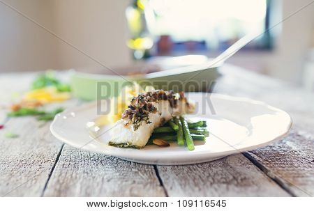 Zander fish fillet dish on a plate