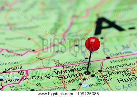 Winston Salem pinned on a map of USA