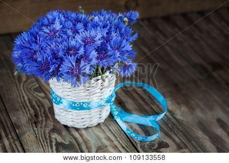 A bunch of beautiful summer flower of Cornflower in the white bucket.
