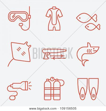 Diving icons, thin line style, flat design