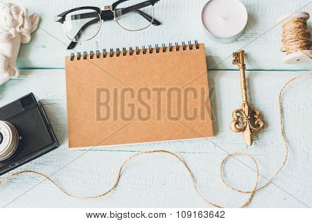 Cute Vintage Christmas New Year Gifts Mockup On Wooden Background.