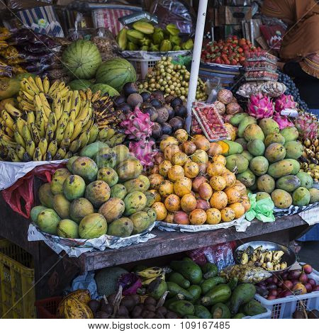 Open Air Fruit Market In The Village In Bali, Indonesia.