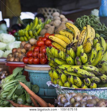 Open Air Fruit Market In The Village In Bali, Indonesia.
