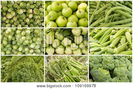 Variety of popular farmers market fruits and vegetables in produce collage imagery