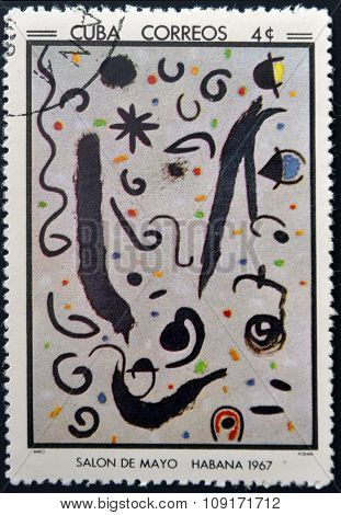 Stamp printed in Cuba commemorative to May Salon 1967 shows Poem by J Miro