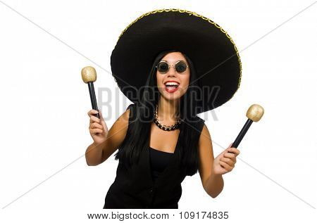 Young attractive woman wearing sombrero on white