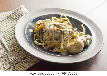 Fancy Organic Fetuccine Pasta With Creamy Alfredo Mushroom Sauce