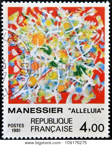 A stamp printed in France shows alleluia stained glass window by Alfred Manessier