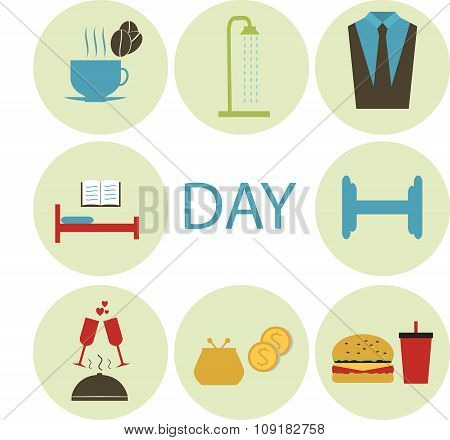 Flat Icons Morning, Day, Food, Sports, Shopping