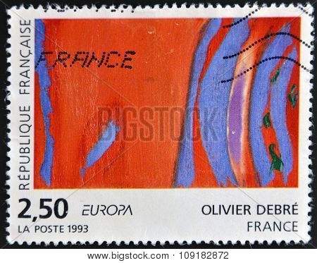 FRANCE - CIRCA 1993: a stamp printed in France shows Rouge Rythme Bleu Painting by Olivier Debre