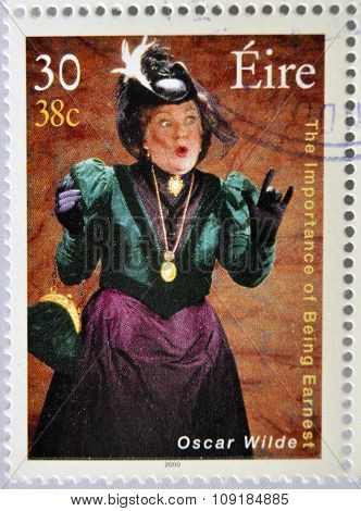 a stamp printed in Ireland shows an image commemorative of The importance of being Earnest by Oscar