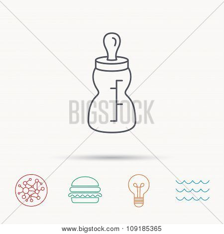 Feeding bottle icon. Drink glass with pacifier.