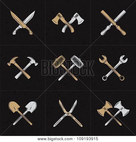 Set Of Vector Retro Design Elements For Logotypes. Crossed Tools. Axes, Knifes, Hammer, Wrench, Shov