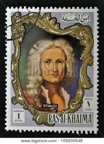 RAS AL-KHAIMAH - CIRCA 1970: a stamp printed in the Ras al-Khaimah shows Antonio Lucio Vivaldi