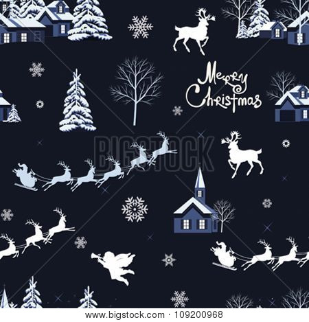 Stock Vector Illustration:
Christmas seamless pattern with tree, snowflakes, angel, deer on dark background